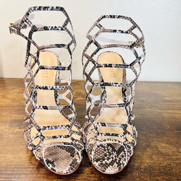 Schutz Juliana Caged Sandals 8.5 Leather Snake Open Toe Ankle Stiletto Heels - Picture 6 of 10